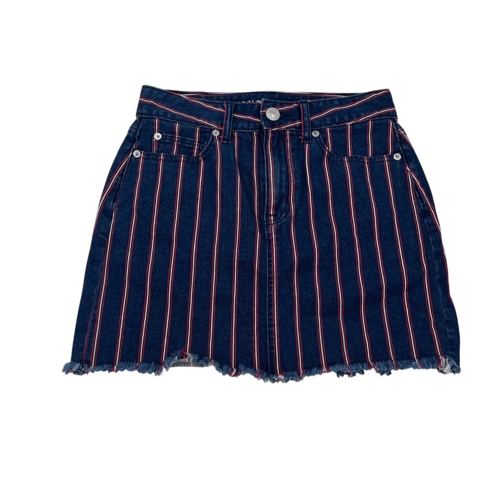 American Eagle‎ Womens Striped Denim Mini Skirt Super Stretch Size 2 Blue/Red
